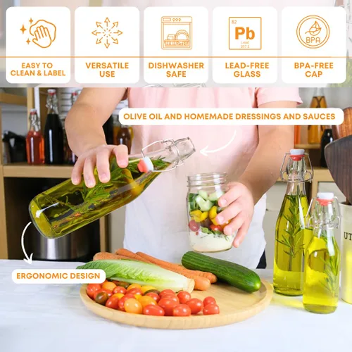 Miniatura 7 de FastRack Botellas de vidrio con tapa oscilante, 33 onzas, paquete de 8, botellas de vidrio transparentes con tapa abatible para elaboración casera