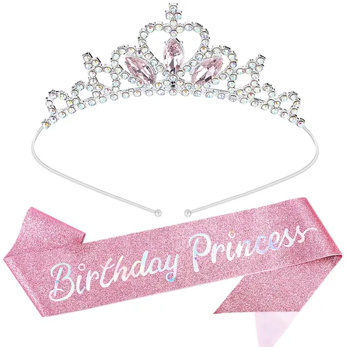Miniatura 8 de COCIDE Kit de bandas y tiaras de princesa de cumpleaños, coronas y tiaras rosas para mujeres y niñas, banda con purpurina, juego de decoraciones