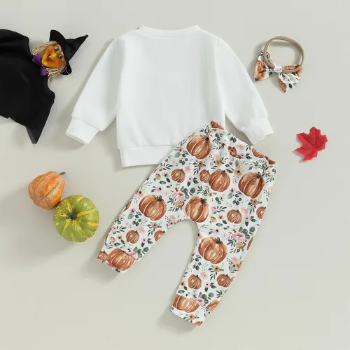 Miniatura 7 de Ropa de invierno para bebé niña, sudadera de cuello redondo con diseño de calabaza, pantalones deportivos de flores, diadema para niños pequeños