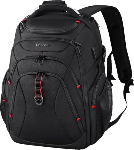 KROSER Mochila de viaje para laptop de 17.3 pulgadas, XL, mochila para computadora con carcasa dura Saferoom, bolsillos RFID, repelente al agua,
