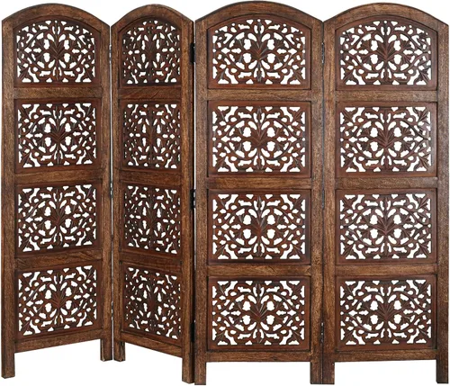 Panel de pantalla de madera para divisor de habitación, color marrón quemado, plegable de 4 paneles de 64 x 48 pulgadas, tallado a mano, separador