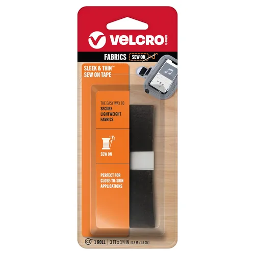 VELCRO Brand Elegante y delgada para telas | Cinta de 3 pies x 3/4 pulgadas, Negro | Suave en la piel, ultraligera con Tecnología Sewing Lane,