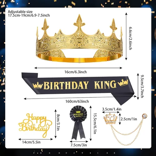 Miniatura 3 de Junkin 5 accesorios de cumpleaños para hombre, incluyen corona de rey con banda de hojalata, broche de cadena colgante para fiesta de cumpleaños