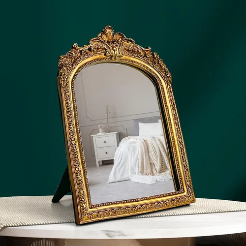 97 Decor Espejo de pared vintage dorado, pequeño espejo dorado para mesa y montaje en pared, marcos de arco antiguos para escritorio, marco de