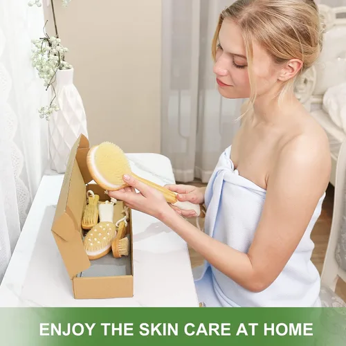 Miniatura 2 de Cepillo corporal de cepillado en seco, cepillo seco de cerdas de jabalí natural, cuerpo exfoliante de bambú, cara, pie, cepillo de limpieza