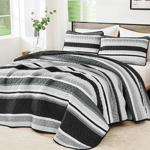 Miniatura 14 de WONGS BEDDING Juego de Edredón Full, Juego de Colcha y Cubrecama de 3 Piezas a Rayas Negras, Edredones Ligeros de Verano Tamaño Full para Cama