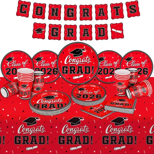 Miniatura 3 de Gatherfun suministros para fiesta de graduación 2022, para 25 comensales, vajilla roja y desechable de papel, con platos, servilletas, vasos, mantel