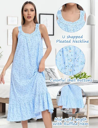 Miniatura 2 de IZZY + TOBY Camisones de algodón para mujer, sin mangas, suave, camisón de noche, camisón largo