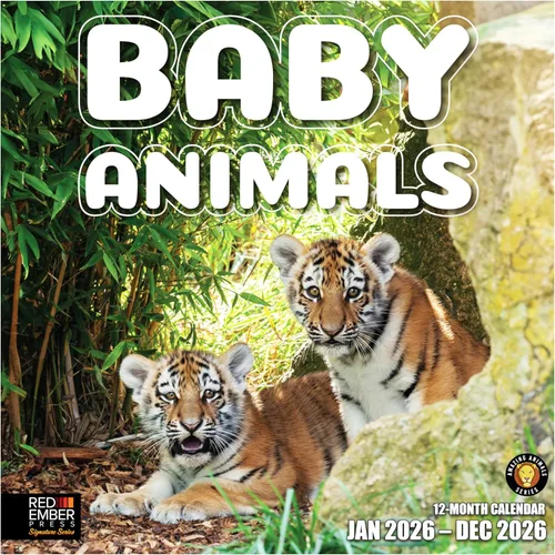 RED EMBER Signature - Calendario de pared 2026 Baby Animals de 12 meses | 12 x 24 pulgadas abierto | Papel grueso y resistente | Regalar |