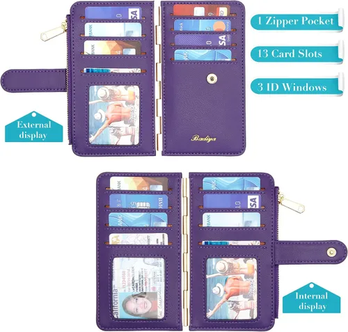 Miniatura 3 de Badiya Tarjetero de crédito para mujer, con bloqueo RFID, delgada, plegable, con bolsillo con cremallera y 3 ventanas para identificación, Violeta