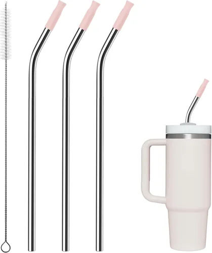 Miniatura 62 de Pajitas de metal rectas para vaso Stanley de 40 onzas, paquete de 3 popotes reutilizables de acero inoxidable con puntas de silicona y cepillo Gris