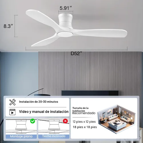 Miniatura 7 de Ventiladores de techo inteligentes de perfil bajo de 52 pulgadas con control remoto de luces, motor de CC silencioso, ventilador de techo empotrado