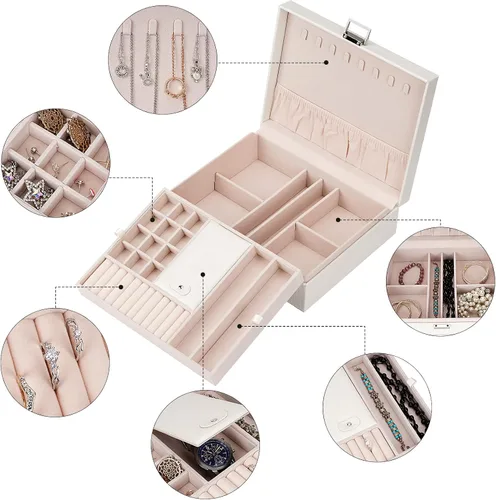 Miniatura 3 de Caja organizadora de joyas para niñas y mujeres, estuche de viaje grande de doble capa con caja de regalocolor blanco