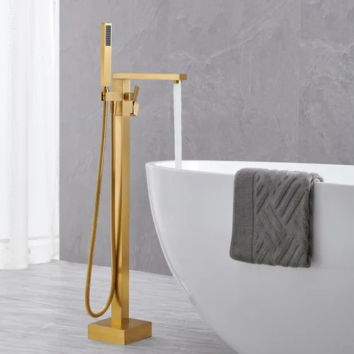 Miniatura 3 de Wowkk Grifo de bañera independiente, relleno de bañera de oro cepillado, montaje en piso, grifos de baño de latón con una sola manija con ducha