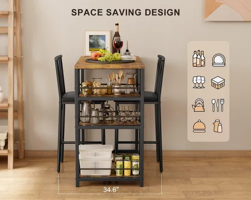 Miniatura 2 de Gizoon Juego de mesa de comedor para 2 personas con 3 estantes de almacenamiento, mesa de cocina y sillas para 2 personas con cojín de poliuretano