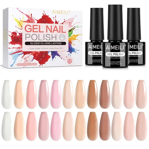 AIMEILI Juego de esmaltes de uñas de gel nude – 12 colores sin hema, gelatina neutra, rosa, blanco lechoso, efecto transparente, manicura para