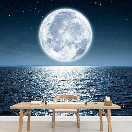 Miniatura 3 de wall26 Mural de pared extraíble Luna llena que se levanta sobre el océano vacío por la noche con espacio de copia, papel tapiz grande autoadhesivo