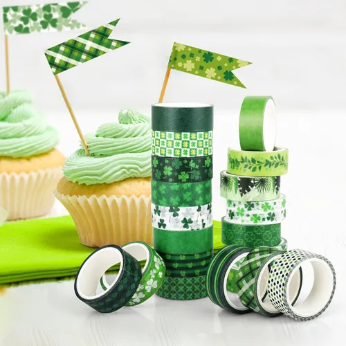 Miniatura 4 de Juego de cinta decorativa verde de 20 rollos de cinta washi del día de San Patricio para trébol de la suerte, cinta adhesiva para bricolaje del día