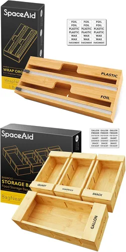 SpaceAid WrapNeat Dispensador de envolturas 2 en 1 con cortador y etiquetas, organizador de almacenamiento de bolsas SpaceAid para cajón de cocina,