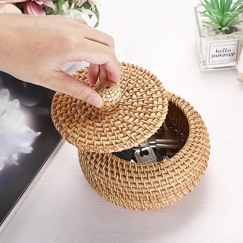 Miniatura 7 de Hipiwe Cajas de Cestas Redondas de Ratán con Tapa Tejidas a Mano, Cestas de Almacenamiento de Mimbre, Contenedor, Cesta Decorativa Multiusos