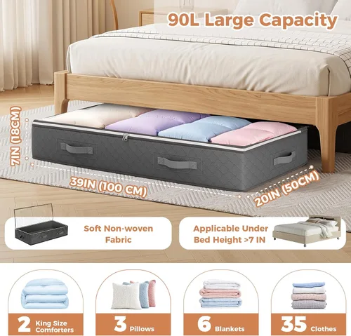 Miniatura 3 de Budding Joy - Contenedores de almacenamiento debajo de la cama de 90L, organizador de bolsas de almacenamiento debajo de la cama de gran capacidad