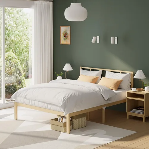 Miniatura 19 de Marco de cama de bambú tamaño completo con plataforma de madera sólida estable con listones antideslizantes, soporte para cama alta, no necesita