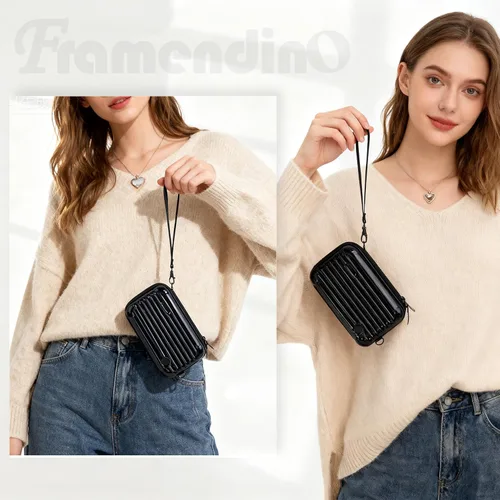 Miniatura 7 de Framendino, Estuche rígido negro para cosméticos, bolsa de transporte para artículos de tocador, mini maleta cruzada con cuerda de agarre