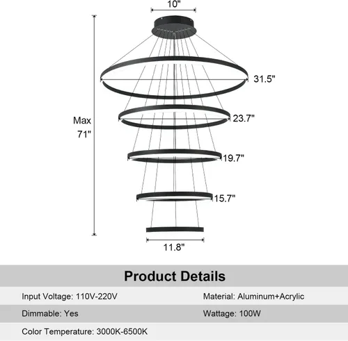 Miniatura 6 de Candelabro LED moderno de 5 anillos, color negro, regulable, de techo alto, para comedor con control remoto para vestíbulo, sala de estar, entrada