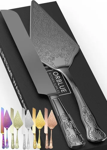 Orblue Juego de cuchillo y servidor para pastel de boda, juego de corte de alta calidad, bellamente grabado, elegante recuerdo para recién casados,