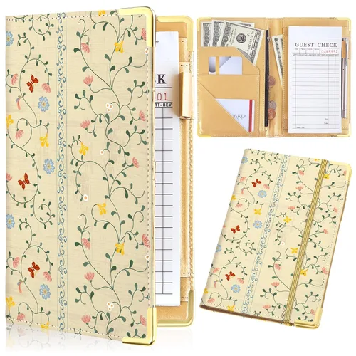 Miniatura 9 de Libros de servidor para camarera - Bonito libro de camarera con bolsillo para dinero, libro de cuero con cartera y bolsillo con cremallera. Flores a