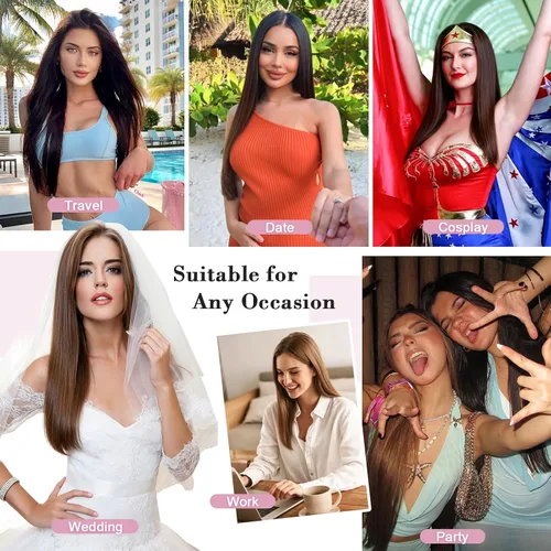 Miniatura 8 de S-noilite Extensiones de cabello sintético largo y lacio con clip de 23 a 26 pulgadas, 8 unidades, 18 clips, para mujeres, entrega de 2 a 5 días