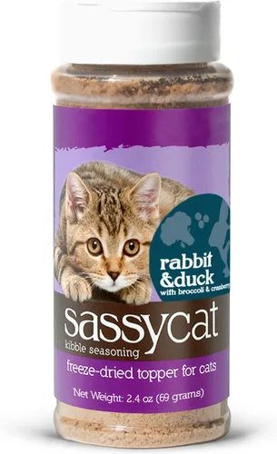 Herbsmith Sassy Cat Kibble Seasoning – Conejo y pato liofilizado – Decoración de comida para gatos para los quisquillosos – Conejo y pato
