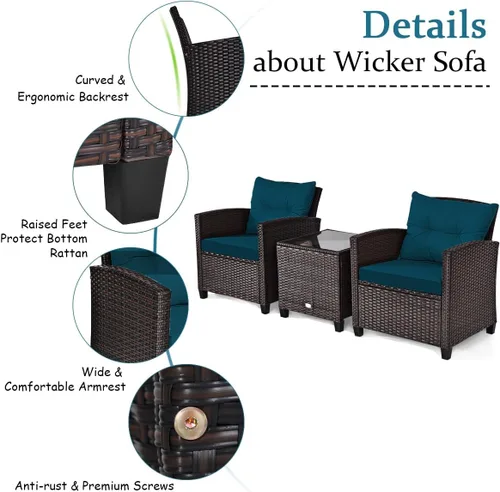 Miniatura 6 de RELAX4LIFE Juego de muebles de patio de 3 piezas, juego de conversación de mimbre con 2 sillones acolchados y mesa con tapa de cristal, juego