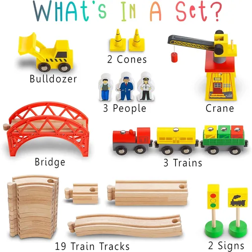 Miniatura 2 de KipiPol Juegos de trenes de madera para niños de 2 a 4 a 7 años – 38 piezas de tren de madera para niños pequeños con grúa, puente y pistas de tren
