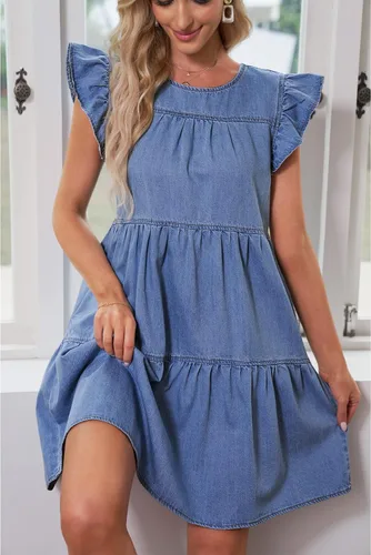 Miniatura 6 de luvamia Vestido de mezclilla 2025 para mujer, estilo babydoll de verano, sin mangas, manga con volantes, vestido plisado suelto con vuelo