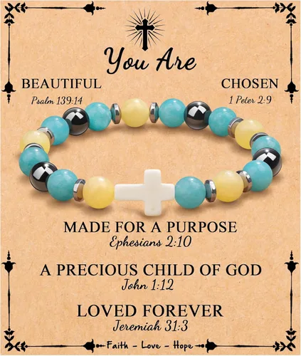 Miniatura 32 de JoycuFF Regalos Cristianos, Pulseras de Cruz para Mujeres, Joyería Cristiana Católica Religiosa de Fe de Pascua, Pulseras de Piedra Natural