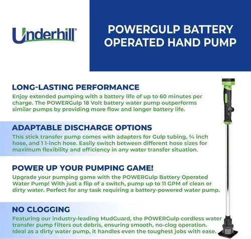 Miniatura 3 de Underhill POWERGulp Bomba de transferencia de agua inalámbrica con batería para bricolaje, fontanería, paisajismo, barcos, contratistas, A-PG-18V-DE