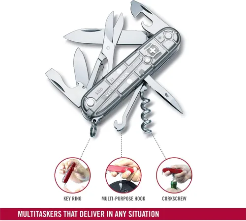 Miniatura 7 de Victorinox Climber Swiss Army Cuchillo de bolsillo de 14 funciones fabricado en Suiza con 2 cuchillas, sacacorchos y destornillador - Silver Tech