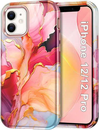 Miniatura 9 de Btscase para iPhone 12/iPhone 12 Pro, funda resistente de tres capas de mármol a prueba de golpes, cuerpo completo, PC duro + parachoques de TPU