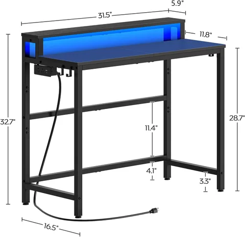 Miniatura 3 de YATINEY Escritorio pequeño para computadora con estación de carga y luces LED, escritorio para juegos con soporte para monitor, escritorio