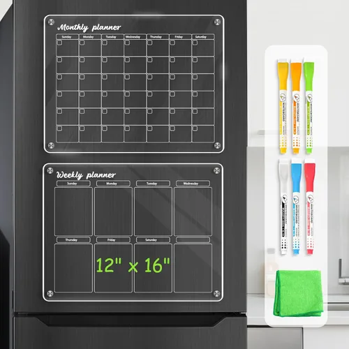 Miniatura 8 de WALGLASS Calendario acrílico para refrigerador, 8.5"x11" Oro, pizarra acrílica transparente semanal magnética de borrado en seco para refrigerador