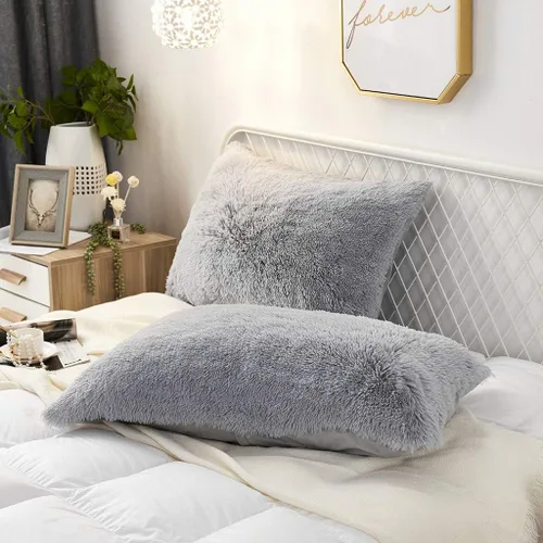 Miniatura 14 de Juego de 2 fundas de almohada estándar de piel sintética de terciopelo suave, fundas de almohada decorativas con cierre de cremallera