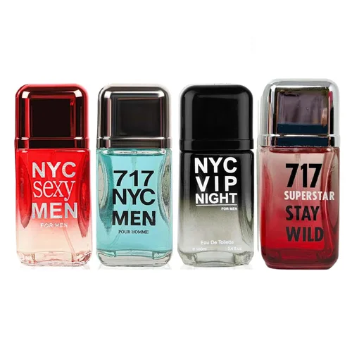 717 Men NYC+717 Men Aqua+717 VIP - Juego de 4 piezas de colonia para hombre, Eau de Toilette y Parfum en aerosol natural, aroma masculino, regalo