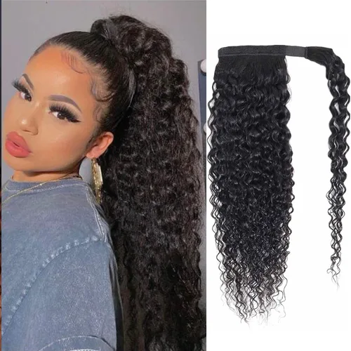 Miniatura 12 de Extensiones de cabello con ondas de agua para cola de caballo, trenzado humano, pegamento mágico Pony, extensiones de cabello humano brasileño