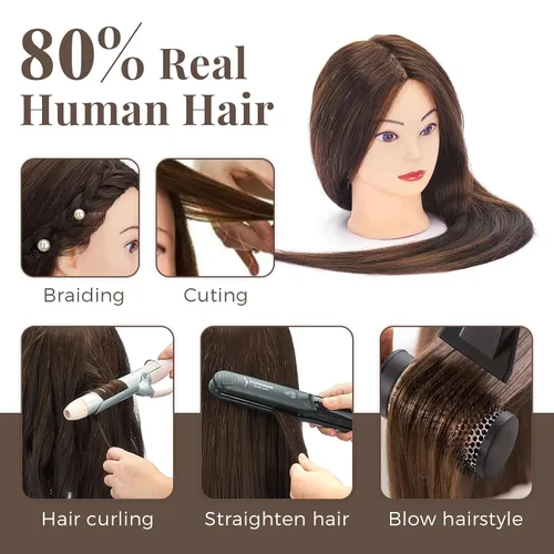 Miniatura 2 de Cabeza de maniquí de 28 pulgadas con 80 % cabello humano real, cabeza de muñeca para peinado, trenzado, rizado, cabeza de maniquí de cosmetología
