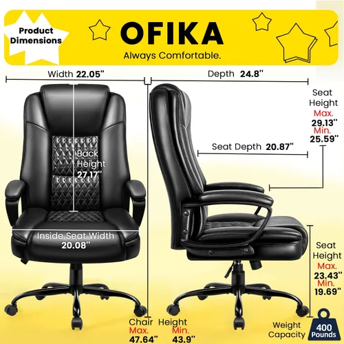 Miniatura 3 de OFIKA Silla de oficina en casa, silla grande y alta de 400 libras, diseño resistente, cojín ergonómico de respaldo alto, soporte lumbar para Negro