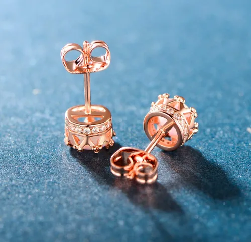 Miniatura 4 de MDFUN Aretes chapados en oro rosa para mujer, 0.236 in, corona brillante redonda, piedra natal, regalo de cumpleaños