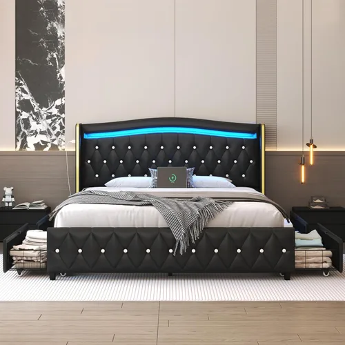 Miniatura 7 de E-Motie Base de cama tamaño completo con cabecera tipo wingback, plataforma tapizada con luces LED RGB, estación de carga, 4 cajones