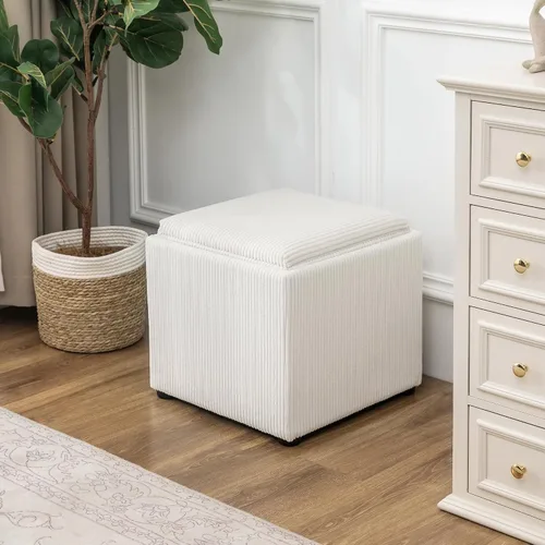Miniatura 6 de Adeco Otomana de almacenamiento cuadrado de 17" con tapa de bandeja reversible, reposapiés de pana para sala de estar, pequeña mesa de café y mesa