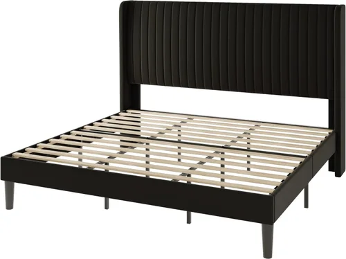 Miniatura 9 de Allewie - Base de cama tamaño King con cabecera acolchada en terciopelo y diseño acanalado vertical; plataforma de cama tapizada; listones de madera